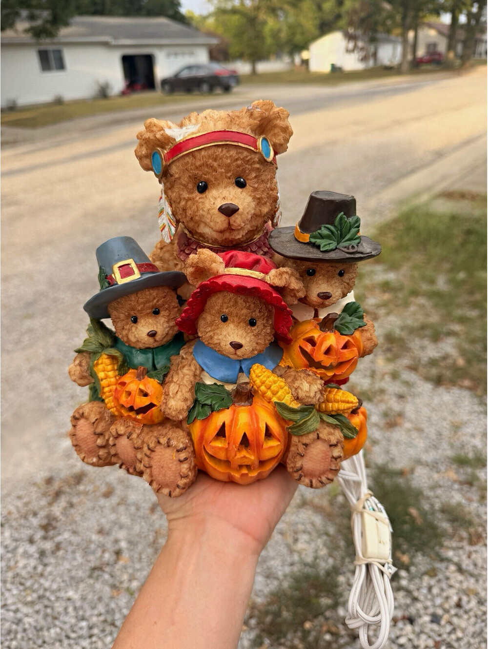 Lighted Halloween Bear Figurine Resin Small w/ Light Cord Jack-O-Lanterns